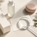 無地の化粧品容器と成分表示を確認する虫眼鏡