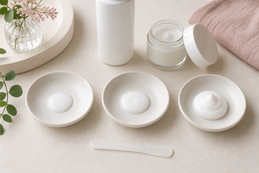 乳液とクリームの使用量を比べる小さな陶器皿